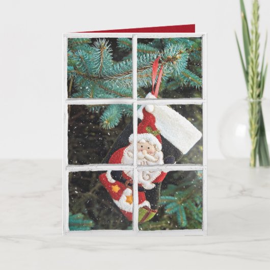 Weihnachts-Strumpf im Schneefenster Feiertagskarte (Vorderseite)