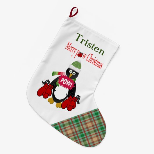 Weihnachts-Strumpf, Kariert Boxing Pinguin Pow Lar Großer Weihnachtsstrumpf (Vorderansicht (hängend))