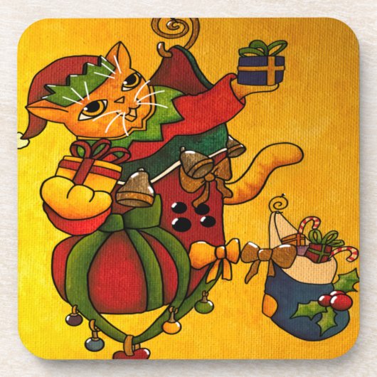 Weihnachts-Strumpf Kitty Cat v2 Getränkeuntersetzer (Vorderseite)