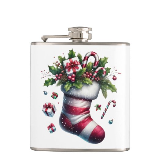 Weihnachts-Strumpf mit Geschenken und Süßspeisen Flachmann (Vorderseite)