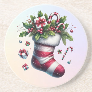 Weihnachts-Strumpf mit Geschenken und Süßspeisen Getränkeuntersetzer