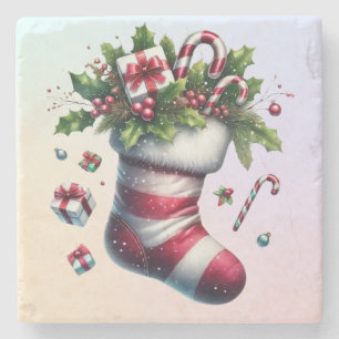 Weihnachts-Strumpf mit Geschenken und Süßspeisen Steinuntersetzer