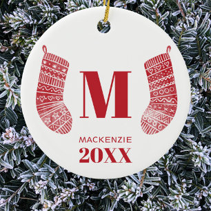 Weihnachts-Strumpf Monogram Name Year Red White Keramik Ornament