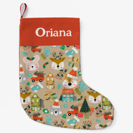 Weihnachts-Strumpf Woodland Santa Animals Beige Kleiner Weihnachtsstrumpf