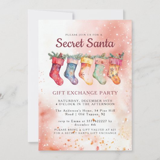Weihnachts-Strümpfe Pink Secret Santa Party Einladung (Vorderseite)