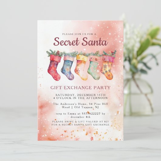 Weihnachts-Strümpfe Pink Secret Santa Party Einladung (Stehend Vorderseite)