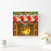 Weihnachts-Strümpfe und Feuerstelle Quadratische Wanduhr (Zuhause)