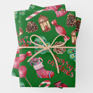 Weihnachts Süßigkeiten und Dekorationen Grün Geschenkpapier Set
