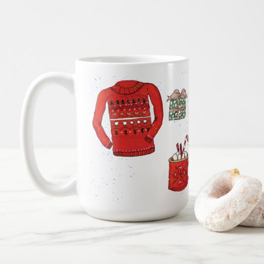 Weihnachts-Sweater, Geschenk und heißes Kakao Kaffeetasse (Mit Donut)