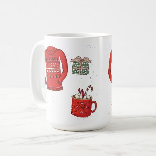 Weihnachts-Sweater, Geschenk und heißes Kakao Kaffeetasse (Vorderseite Links)