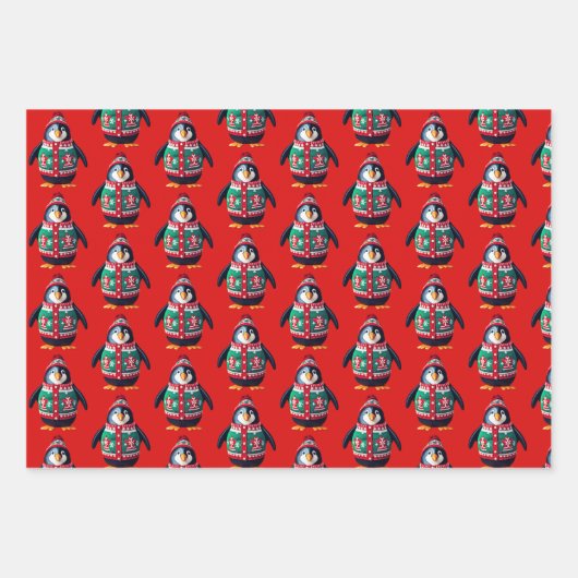 Weihnachts-Sweater-Pinguin Geschenkpapier Set (Vorderseite)