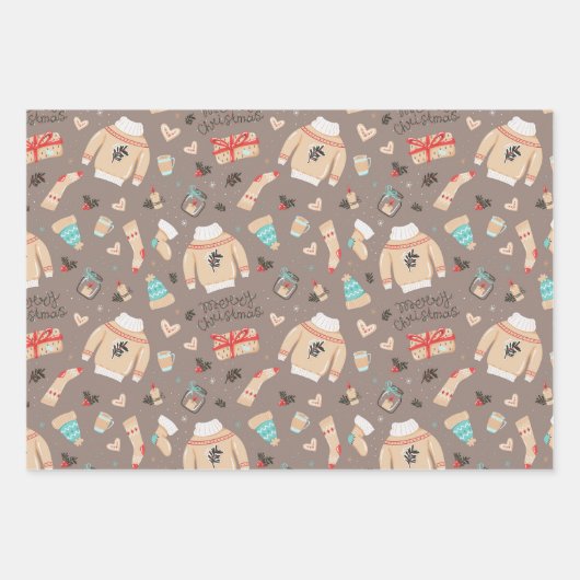 Weihnachts-Sweater Winter Wrapping Paper Set 3 Geschenkpapier Set (Vorderseite)