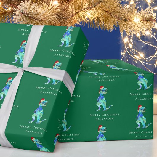 Weihnachts T-Rex Dino Personalisierter Junge Name Geschenkpapier
