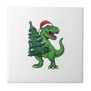 Weihnachts-T-Rex trägt Weihnachtsbaum Fliese