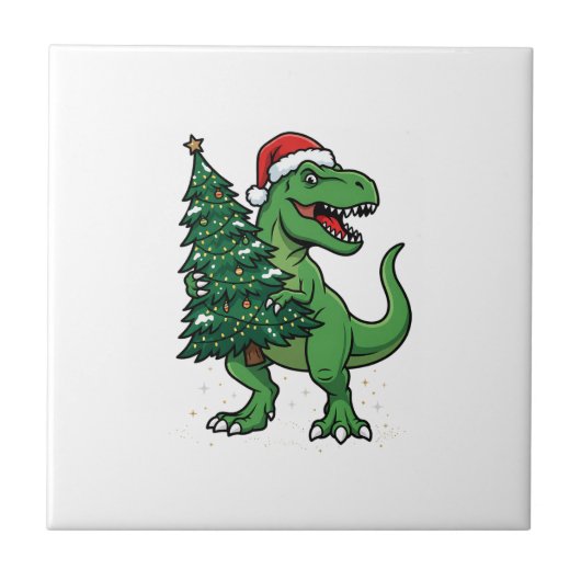 Weihnachts-T-Rex trägt Weihnachtsbaum Fliese (Vorderseite)