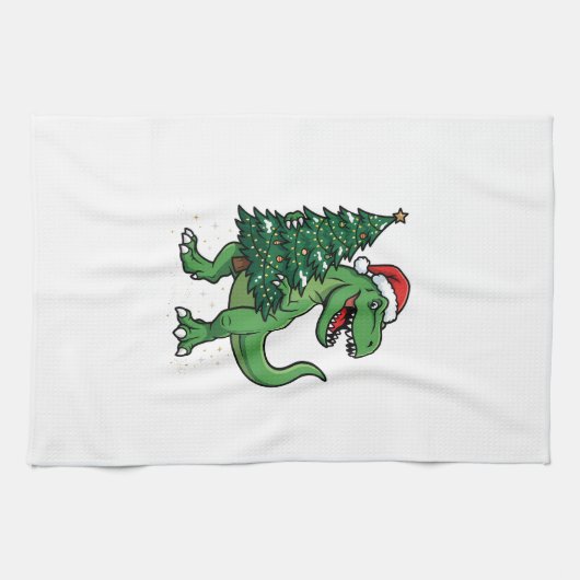Weihnachts-T-Rex trägt Weihnachtsbaum Geschirrtuch (Horizontal)