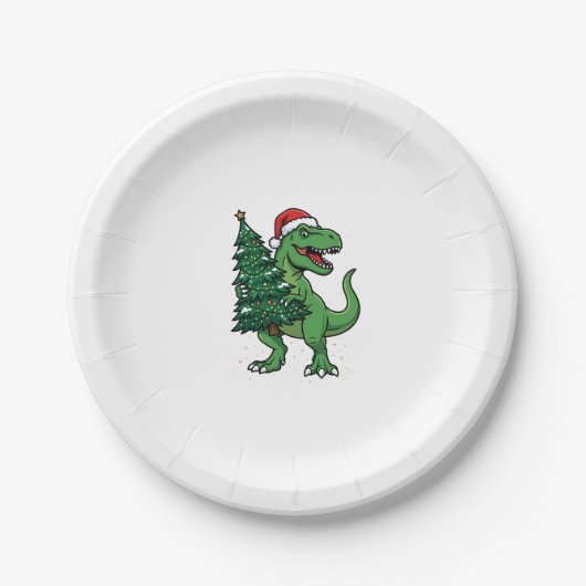 Weihnachts-T-Rex trägt Weihnachtsbaum Pappteller (Vorderseite)