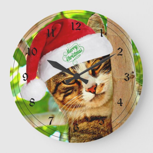Weihnachts Tabby Katze in einem Baum Große Wanduhr (Vorderseite)