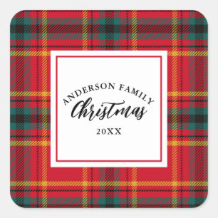 Weihnachts-Tartan Kariert Familienname Jahr Quadratischer Aufkleber