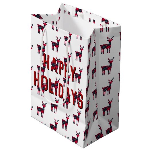 Weihnachts-Tartan-Kariert-Hirsch Mittlere Geschenktüte (Vorderseite Schrägansicht)