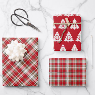 Weihnachts-Tartan-Kariert mit Baum Geschenkpapier Set