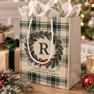 Weihnachts-Tartan-Karo-Monogramm-Nachname-Kranz Mittlere Geschenktüte