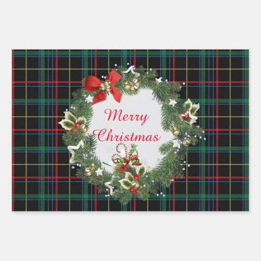 Weihnachts-Tartan mit Wreath Craft oder Geschenk Geschenkpapier Set (Vorderseite)