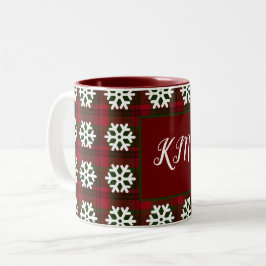 Weihnachts Tartan Monogram Snowflake Rot Grün Zweifarbige Tasse