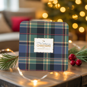 Weihnachts-Tartan Navy Blau Grün ID1141B Rechteckiger Pappuntersetzer