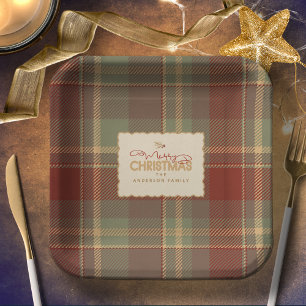 Weihnachts-Tartan Ziegelrot Grün ID1141A Pappteller