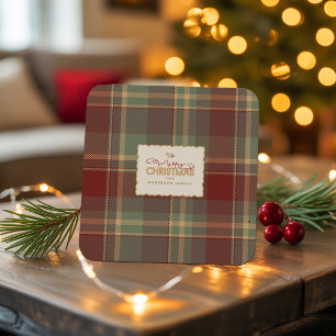 Weihnachts-Tartan-Ziegelrot-Grün ID1141A Rechteckiger Pappuntersetzer