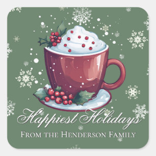 Weihnachts-Tasse heiße Schokolade Grün Quadratischer Aufkleber