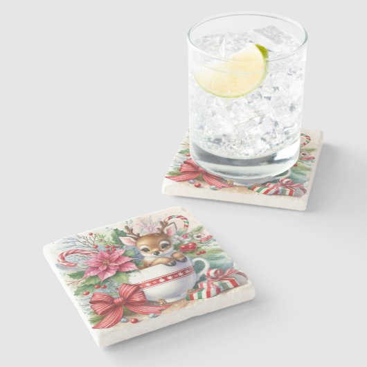 Weihnachts-Tasse Rentier 3 Steinuntersetzer (Seitenansicht)