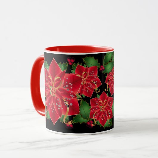 Weihnachts Tasse Rot Poinsettias & Holly (Vorderseite Links)