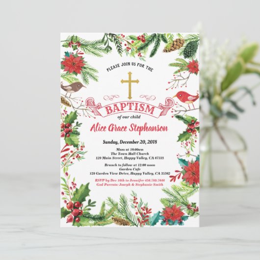 Weihnachts-Taufe Einladung. Rotes Weißes Gold Einladung (Stehend Vorderseite)