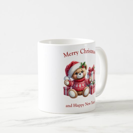 Weihnachts-Teddybär mit Geschenken und Mistleton Kaffeetasse (VorderseiteRechts)
