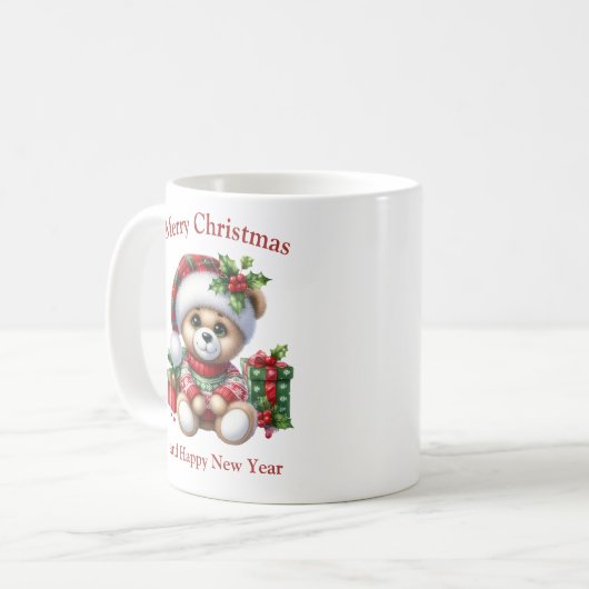 Weihnachts-Teddybär mit Geschenken und Mistleton Kaffeetasse (Vorderseite Links)