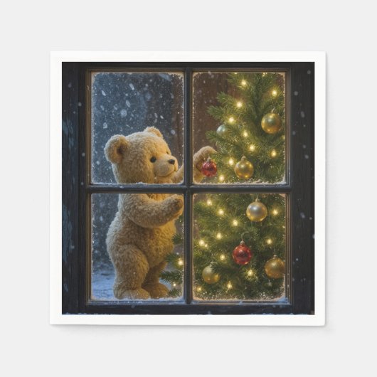 Weihnachts-Teddybär schmückt einen Baum Serviette (Vorderseite)