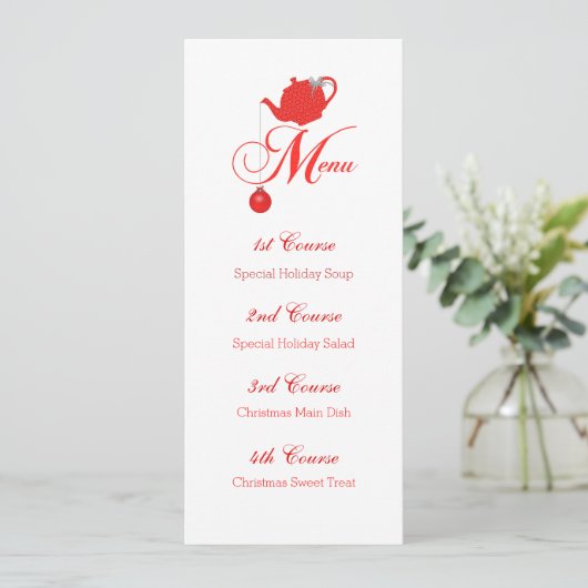 Weihnachts Tee Custom Menu Red Teapot Einladung (Stehend Vorderseite)