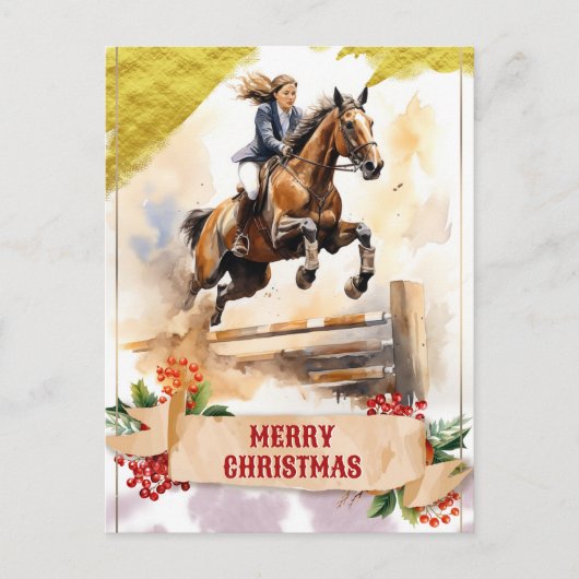 Weihnachts-Teen-Girl reiten über Jump Postkarte (Vorderseite)