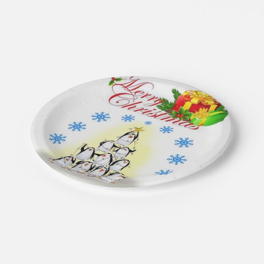 Weihnachts-Teller, Frohe Weihnachtspenguin Pappteller (Schrägansicht)