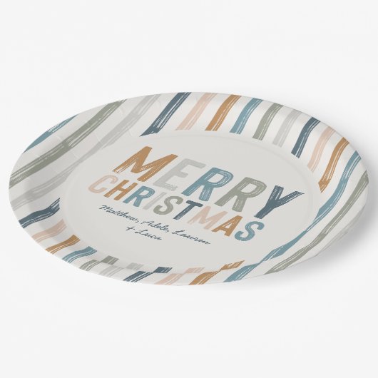 Weihnachts-Terrakotta-blaue Typografie modern Pappteller (Schrägansicht)