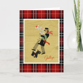 Weihnachts-Terrier Hund und Mann mit Geschenken Feiertagskarte