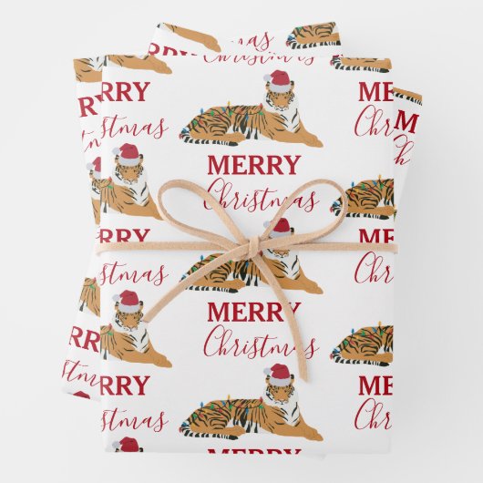 Weihnachts-Tiger Funny Animal mit Weihnachtsmannmü Geschenkpapier Set (Beispiel)