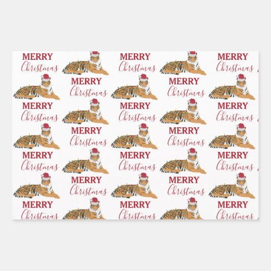 Weihnachts-Tiger Funny Animal mit Weihnachtsmannmü Geschenkpapier Set (Vorderseite)