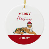 Weihnachts Tiger Funny Animal mit Weihnachtsmannmü Keramik Ornament (Vorne)