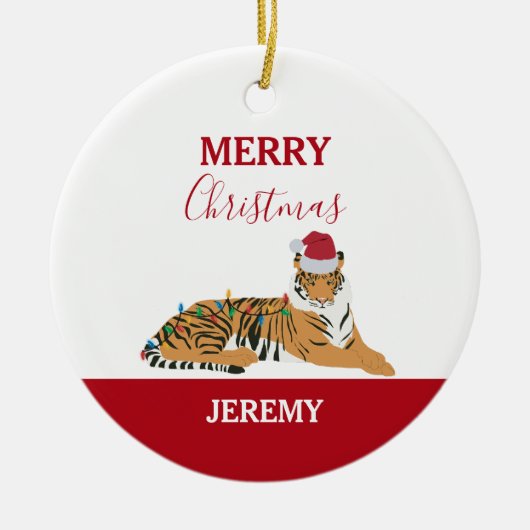 Weihnachts Tiger Funny Animal mit Weihnachtsmannmü Keramik Ornament (Vorne)