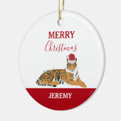 Weihnachts Tiger Funny Animal mit Weihnachtsmannmü Keramik Ornament (Links)