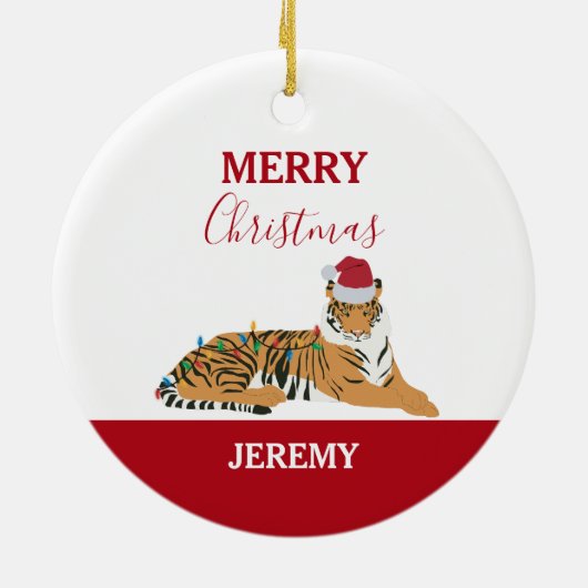 Weihnachts Tiger Funny Animal mit Weihnachtsmannmü Keramik Ornament (Hinten)