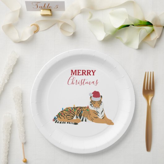 Weihnachts-Tiger Funny Animal mit Weihnachtsmannmü Pappteller (Hochzeit)